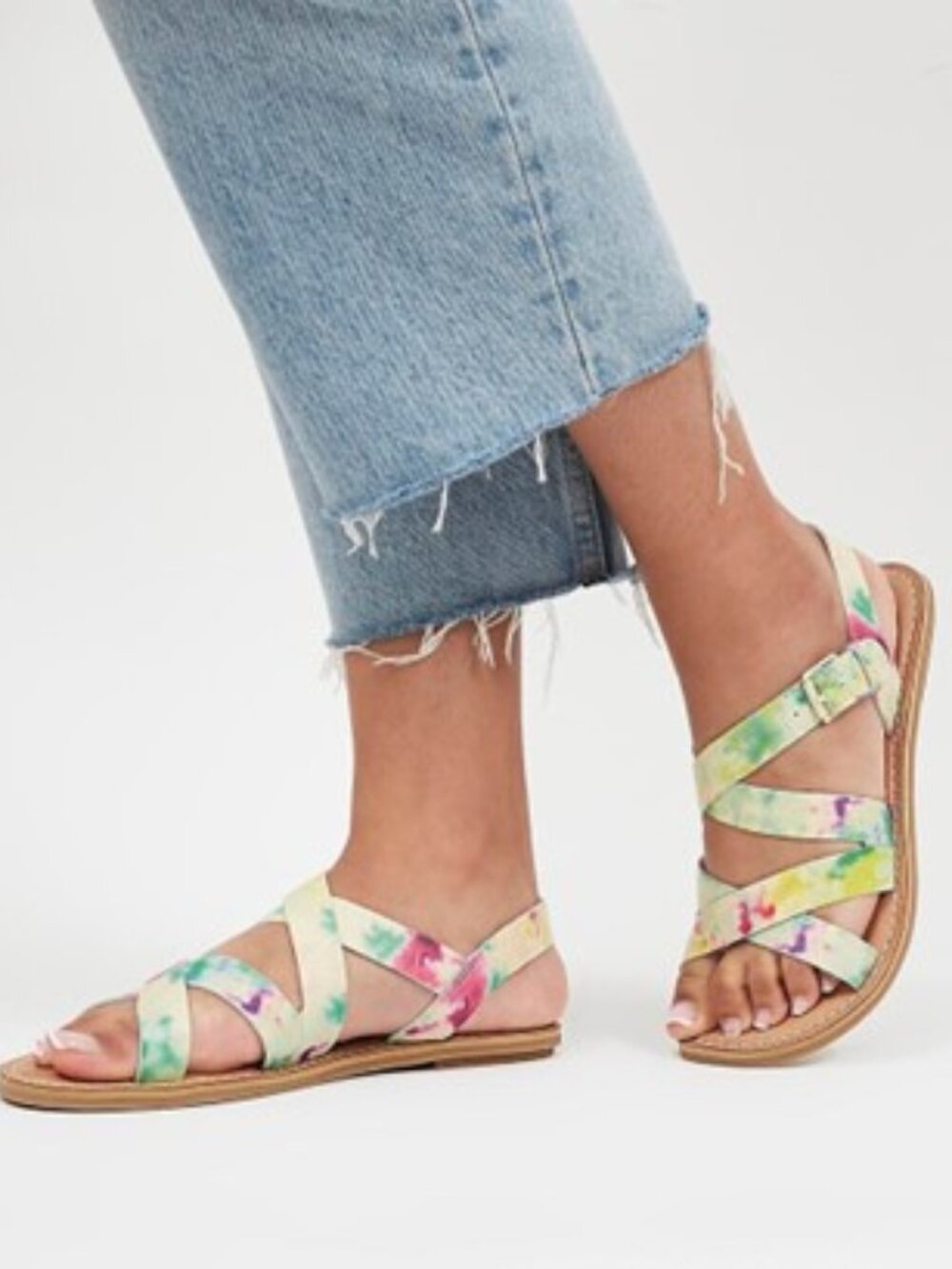 Toms Sicily Tie Dye Sandals Embossed Leather Strappy Buckle Flats Size 7 NEW